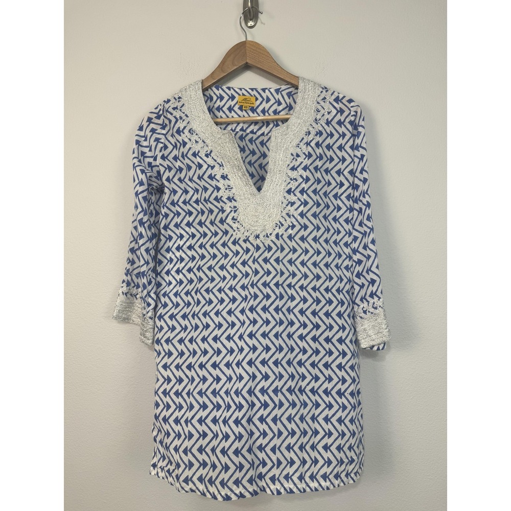 Roberta Roller Rabbit Tunic Top Women's XS Blue Geometric Crochet Trim Boho
